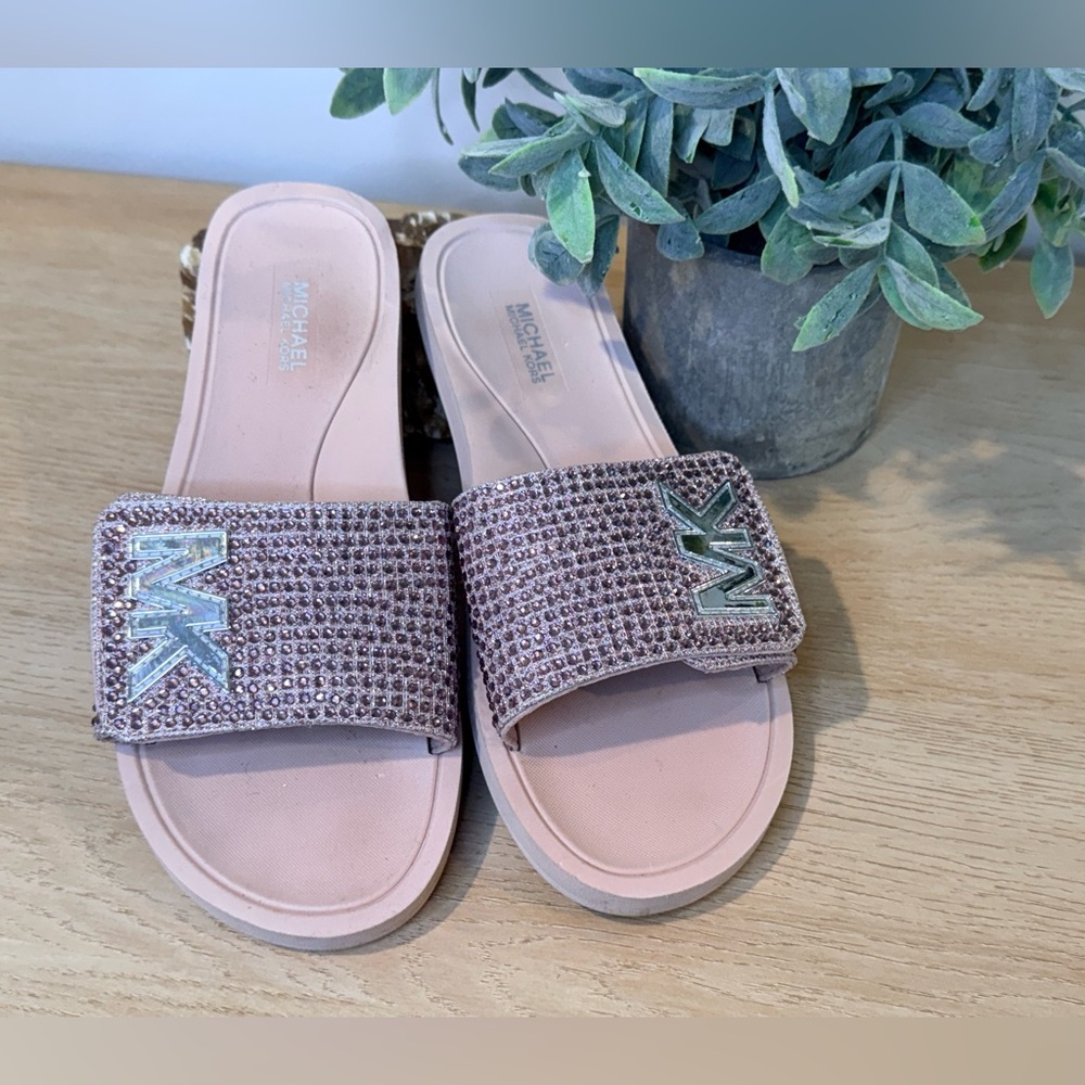 Michael Kors Blush Glitter Slide Sandals Logo Strap Casual Summer Size 7M - Picture 2 of 6